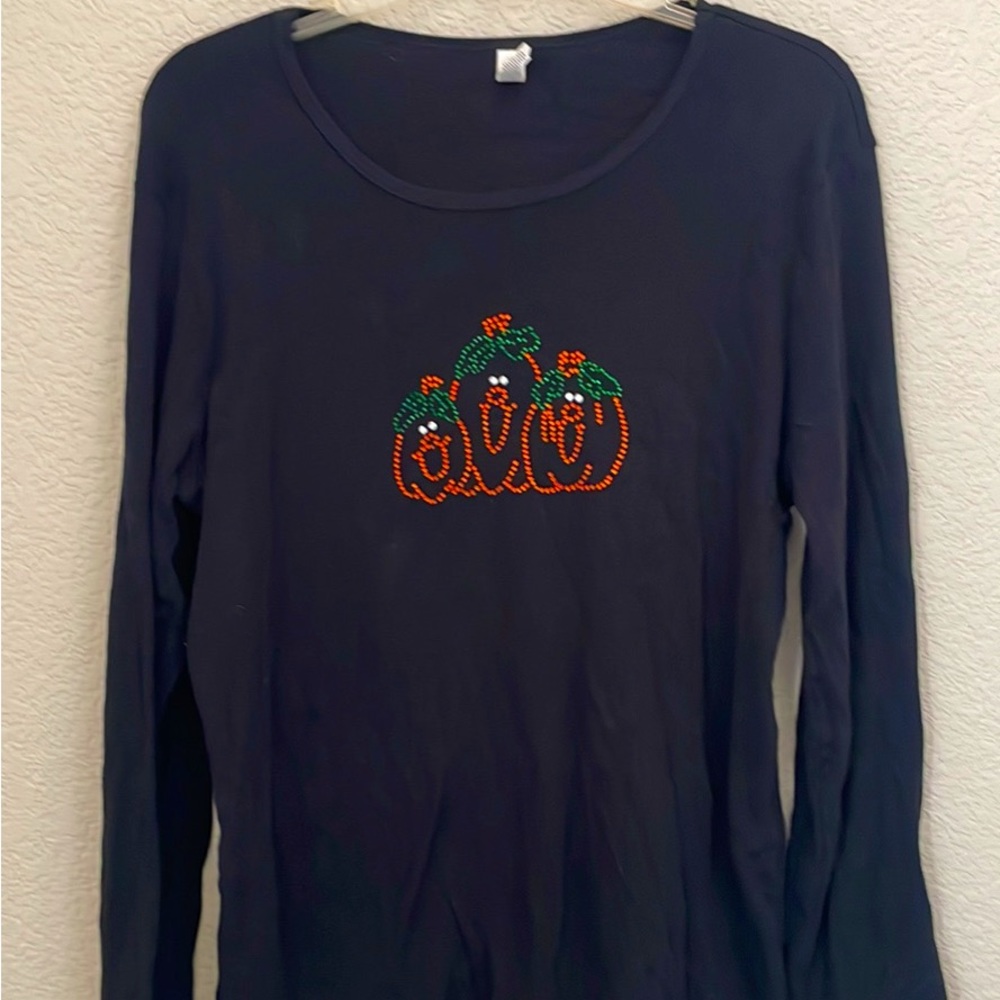 Halloween Pumpkins Jack O Lanterns Long Sleeved Tee Black Orange Blingy Shiny